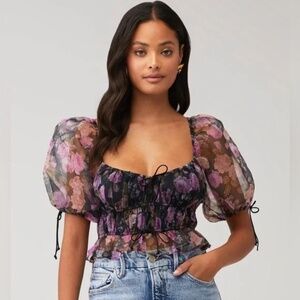 NWT For Love & Lemons Sunshine Sheer Floral Puff Sleeve Crop Top